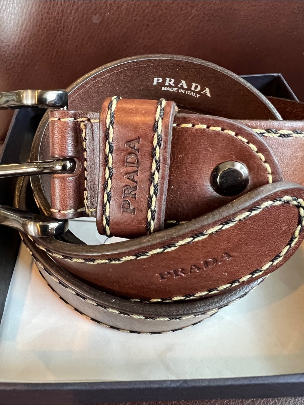 PRADA Brown Logo Belt Contrast Stitching Gunmetal Buckle Adjustable 36
